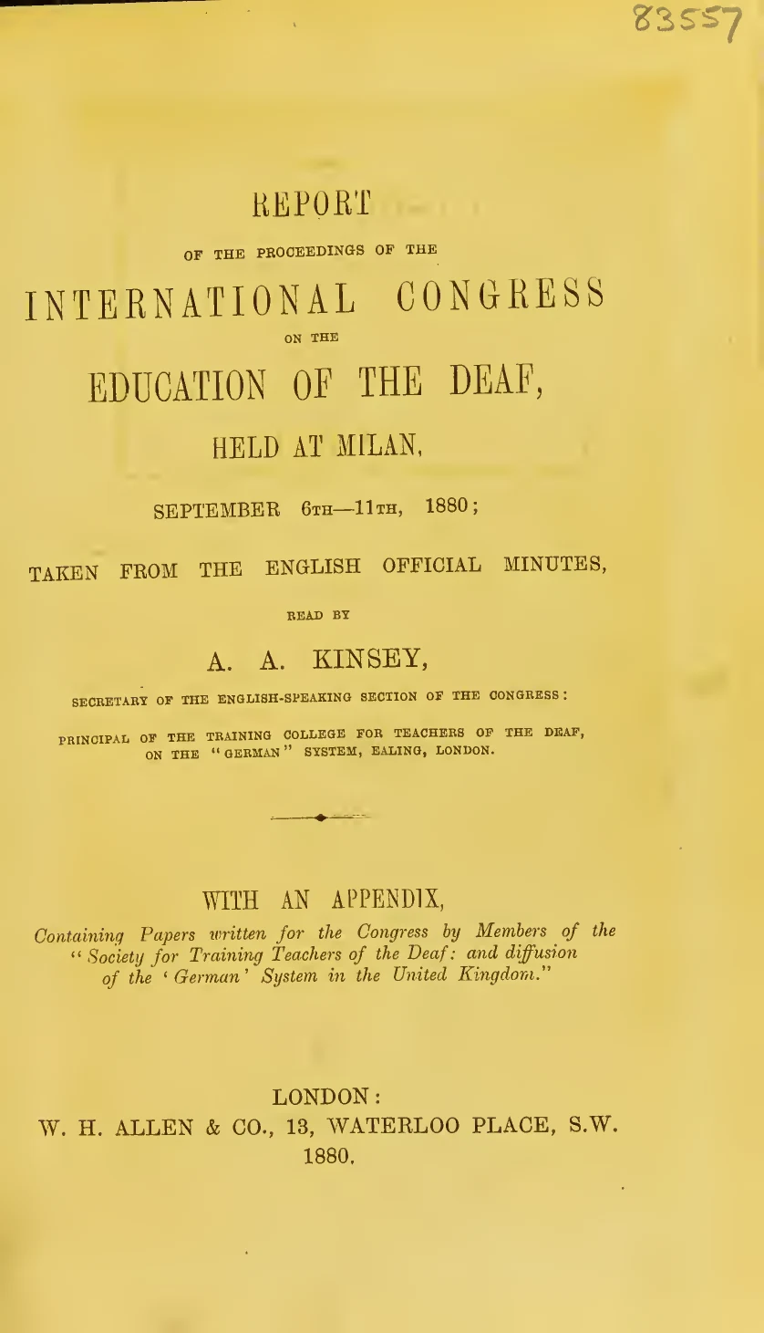 Page de titre du compte rendu du Congrès de Milan de 1880 sur l'éducation des sourds